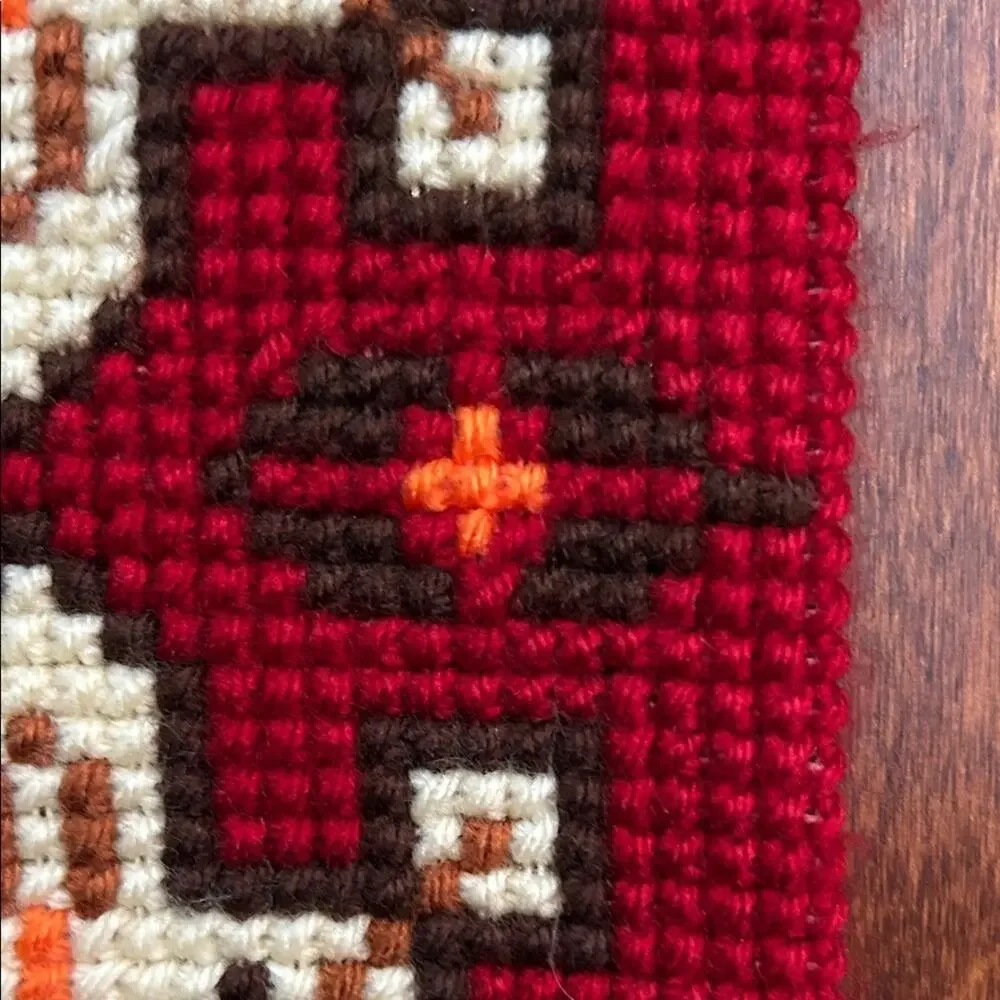 Vintage Bell Pull Red and Cream Needlepoint Wall Hanging, Scandinavian Style